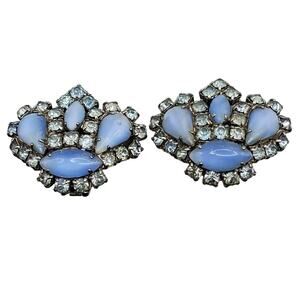 Blue Moonglow Crown Clip On Earrings Cats Eye Princess Rhinestone Vintage 1960s